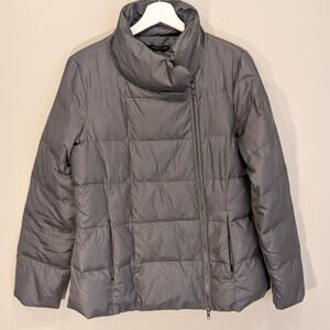 Eileen Fisher Gray Quilted Puffer Jacket Asymmetric Zip High Collar - Size S
